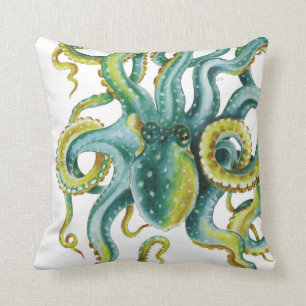 Octopus Blue Waterverf Art Kussen