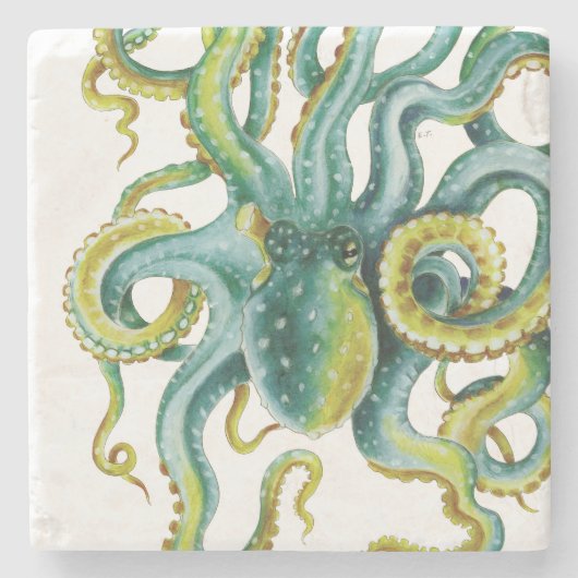 Octopus Blue Waterverf Art Stenen Onderzetter (Voorkant)