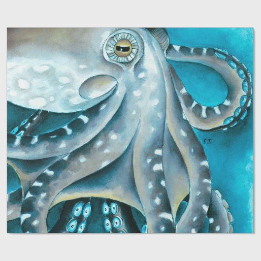 Octopus Blue Waterverf Detail Cadeaupapier (Vlak)