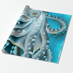 Octopus Blue Waterverf Detail Cadeaupapier