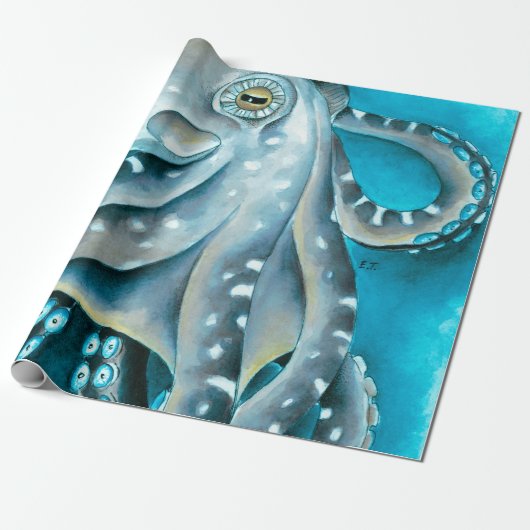 Octopus Blue Waterverf Detail Cadeaupapier (Uitgerold)