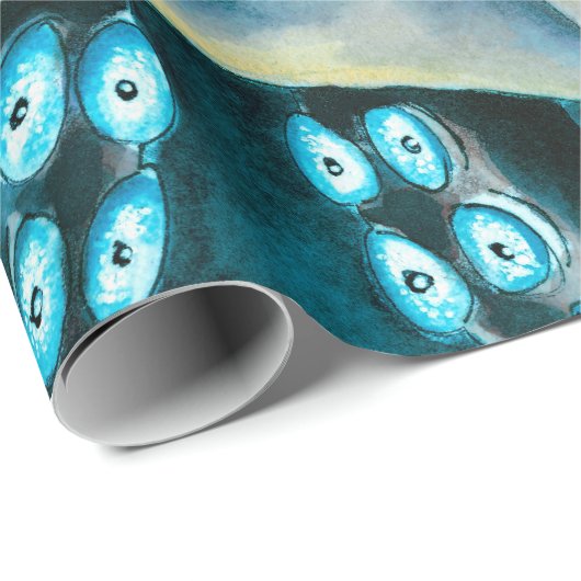 Octopus Blue Waterverf Detail Cadeaupapier (Rol Hoek)