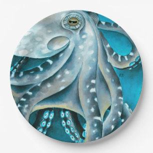 Octopus Blue Waterverf Detail Papieren Bordje