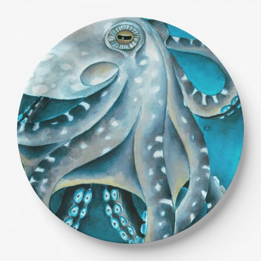 Octopus Blue Waterverf Detail Papieren Bordje (Voorkant)