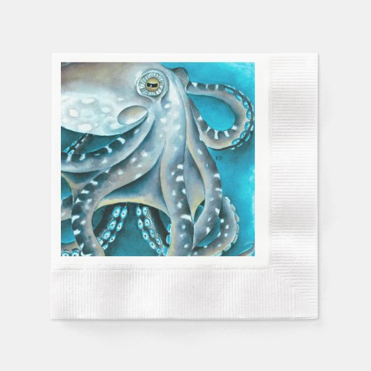 Octopus Blue Waterverf Detail Servet (Voorkant)
