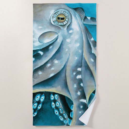 Octopus Blue Waterverf Detail Strandlaken (Voorkant)
