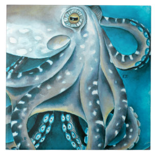 Octopus Blue Waterverf Detail Tegeltje