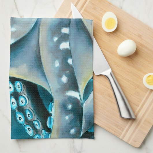 Octopus Blue Waterverf Detail Theedoek (Quarter Fold)