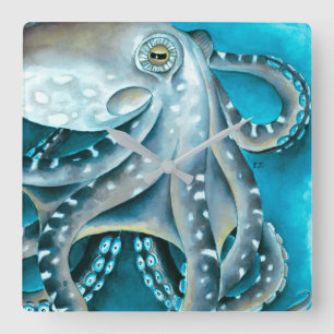 Octopus Blue Waterverf Detail Vierkante Klok