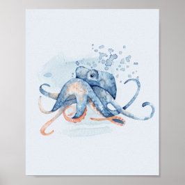 Octopus Blue Waterverf Ocean Thmed Zee Poster