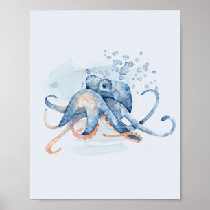 Octopus Blue Waterverf Ocean Thmed Zee Poster