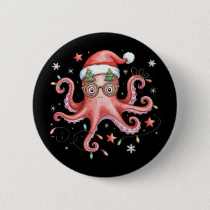 Octopus Bril Kerstman Hoed Kerst Licht Oceaan Ronde Button 5,7 Cm
