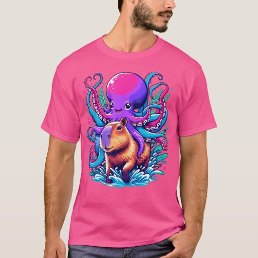 Octopus Capybara Lover Grappige Octopus Rijden Cap T-shirt (Voorkant)