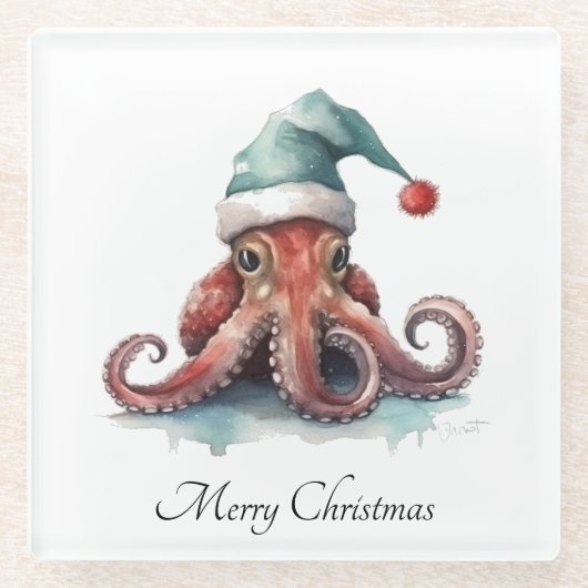 Octopus Christmas Joy, op maat Glazen Onderzetter (Voorkant)