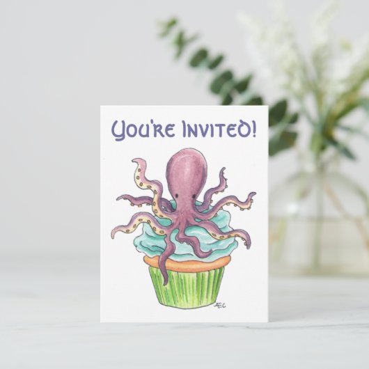  Octopus Cupcake Birthday Invite Kaart (Staand voorkant)