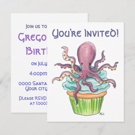 Octopus Cupcake Birthday Invite Kaart (Voorkant / Achterkant)