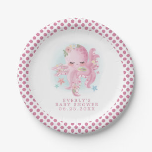 Octopus Cute Pink Waterverf Girl Baby shower Papieren Bordje