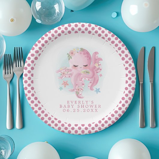 Octopus Cute Pink Waterverf Girl Baby shower Papieren Bordje