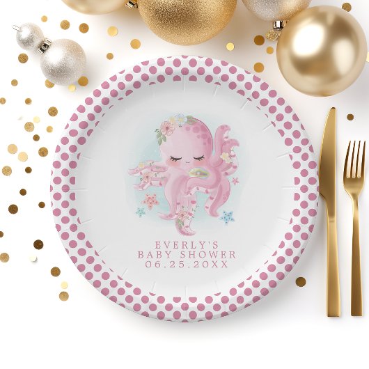 Octopus Cute Pink Waterverf Girl Baby shower Papieren Bordje