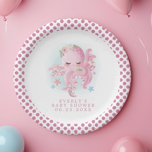 Octopus Cute Pink Waterverf Girl Baby shower Papieren Bordje