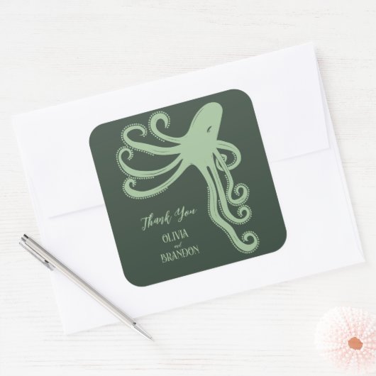 Octopus Deep Zee Modern Wedding, groen Vierkante Sticker (Envelop)
