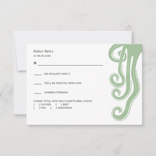 Octopus Deep Zee Modern Wedding Response, Groen RSVP Kaartje (Voorkant)