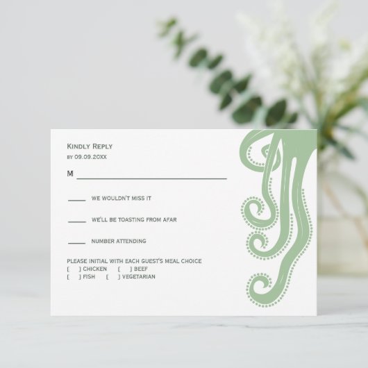 Octopus Deep Zee Modern Wedding Response, Groen RSVP Kaartje (Staand voorkant)