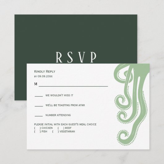 Octopus Deep Zee Modern Wedding Response, Groen RSVP Kaartje (Voorkant / Achterkant)