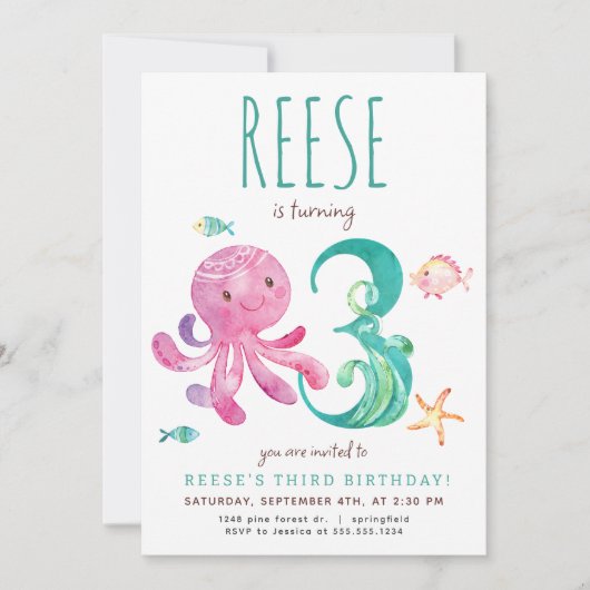 Octopus Derde Verjaardagsuitnodiging Kaart (Voorkant)