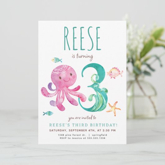 Octopus Derde Verjaardagsuitnodiging Kaart (Staand voorkant)