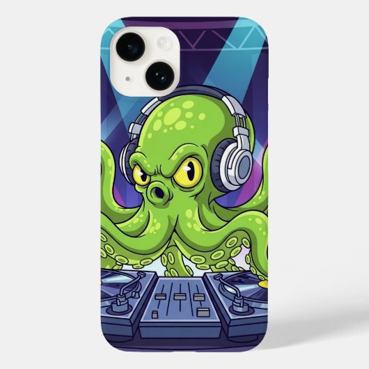 Octopus DJ met draaitafels – Neon Feest Cartoon Case-Mate iPhone Case (Achterkant)