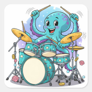Octopus Drummen Moppige Cartoon Octopus Drummer Vierkante Sticker