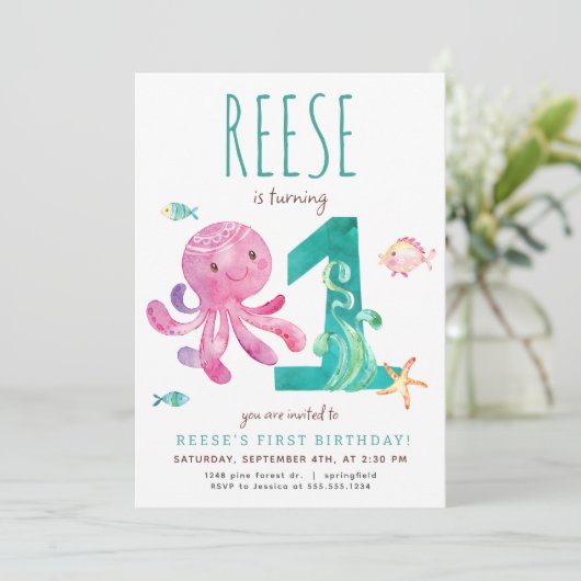 Octopus eerste verjaardag uitnodiging (Staand voorkant)