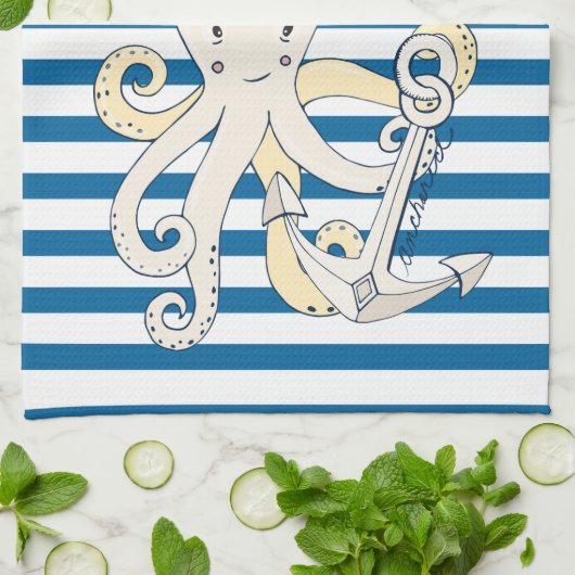 Octopus en Anchor Blue en White Stripe Towel Theedoek (Gevouwen)