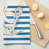 Octopus en Anchor Blue en White Stripe Towel Theedoek (Quarter Fold)