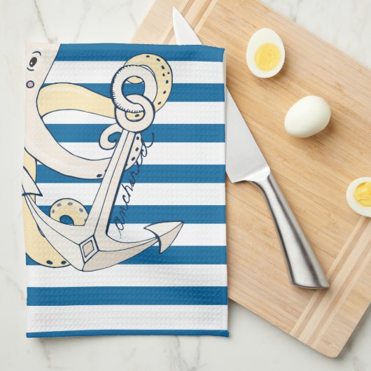 Octopus en Anchor Blue en White Stripe Towel Theedoek (Quarter Fold)