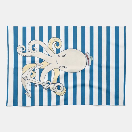 Octopus en Anchor Blue en White Stripe Towel Theedoek (Horizontaal)