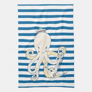 Octopus en Anchor Blue en White Stripe Towel Theedoek