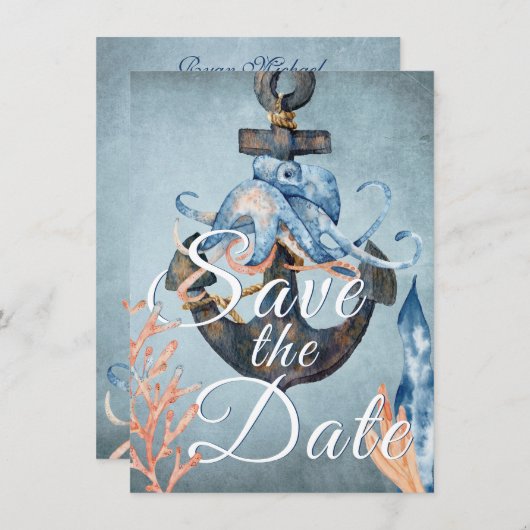 Octopus en Anchor Nautical Beach Wedding Save The Date (Voorkant / Achterkant)