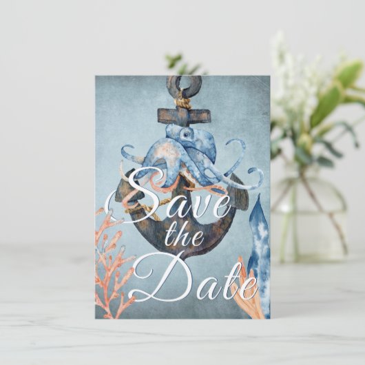 Octopus en Anchor Nautical Beach Wedding Save The Date (Staand voorkant)