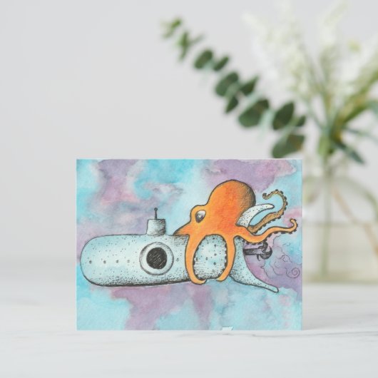 Octopus en onderzeeër briefkaart (Staand voorkant)
