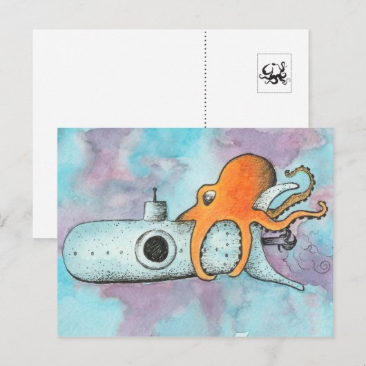 Octopus en onderzeeër briefkaart (Voorkant / Achterkant)