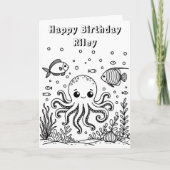 Octopus en vis | Kind Verjaardag kleurplaat Kaart (Voorkant)