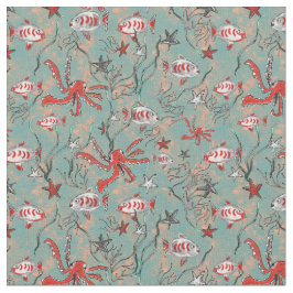 Octopus en visweefsel in koraal en blauw stof