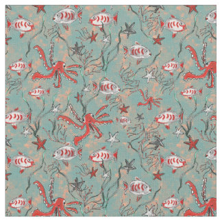 Octopus en visweefsel in koraal en blauw stof
