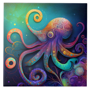 Octopus fantasie, aquarel tegeltje