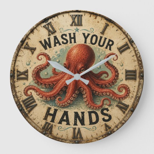 Octopus Funny Coastal Nautical Beach House Grote Klok (Voorkant)