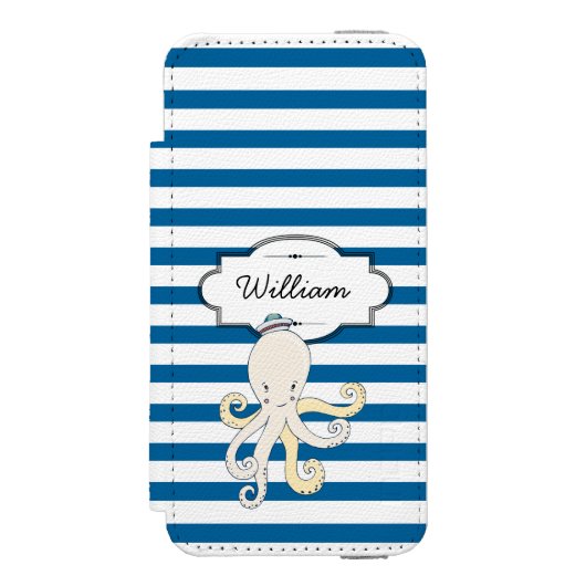 Octopus gepersonaliseerde blauw-witte streep incipio iPhone portemonnee hoesje (Voorkant Agenda)