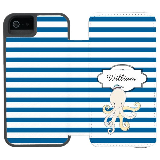 Octopus gepersonaliseerde blauw-witte streep incipio iPhone portemonnee hoesje (Agenda Open)