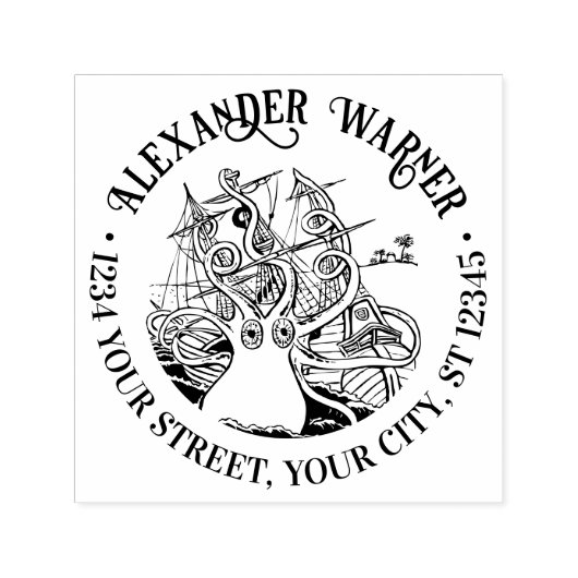 Octopus Gewikkeld Rond Schip #2 Naam Retouradres Zelfinktende Stempel (Design)